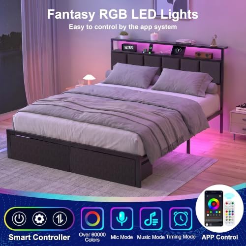 Full Size Bed Frame with Storage Drawers, Charging Station and LED Lights, Upholstered Headboard with 2-Tier Shelves, Heavy Duty Metal Slats, No Box Spring Needed, Noise Free, Easy Assembly