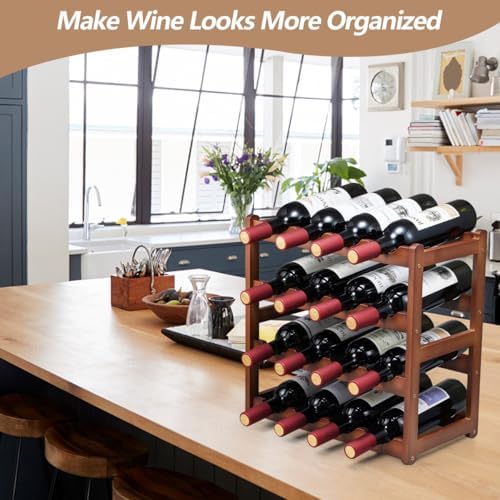 Bamboo Wine Rack,4 Tier, Wine Bottle Holder, Hold 16 Bottles for Home Kitchen, Dinging Room, Pantry, Cabinet, Bar
