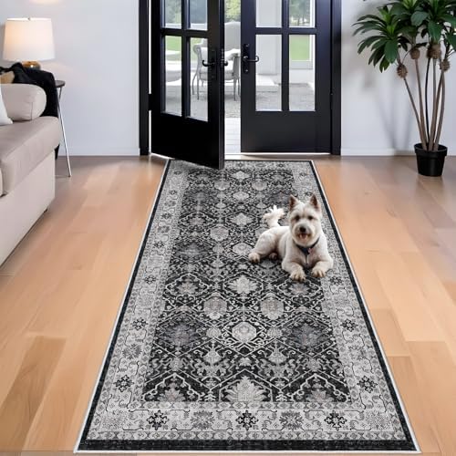 Washable 4x8 Hallway Runner Rug: Vintage 8ft Soft Runners for Entry Living Room Wide Low Pile Carpet with Non-Slip Backing for Kitchen Bedroom Thin Stain Resistant Floor Mat for Dining Room(Black,4x8)