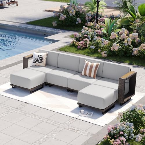 Aoxun Patio Furniture Set, 6 Piece Outdoor Sofa Set, Brown/Light Gray