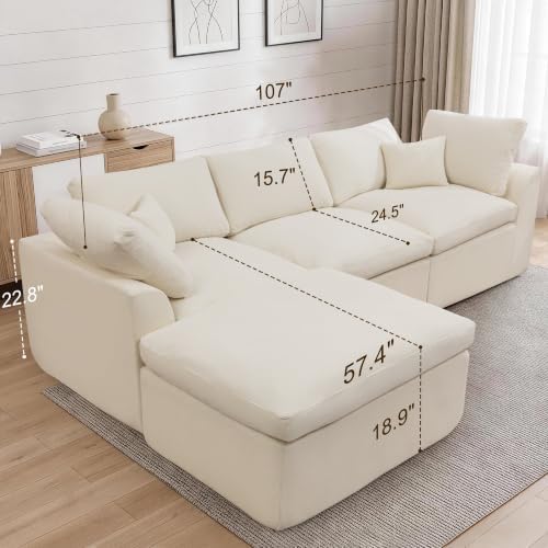 Korser 110" Cloud Sectional Couches for Living Room, Modern Modular Sectional Sofa with Ottoman, Boneless Cloud Couch with Comfy Deep Seats, Fluffy Chenille L-Shape Sofa Couch for Living Room, Beige