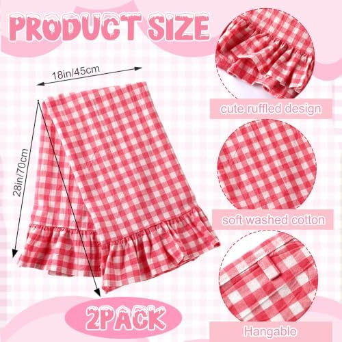 HunnmingRe 2 Pcs Watermelon Pink Gingham Kitchen Towels Cotton Ruffled