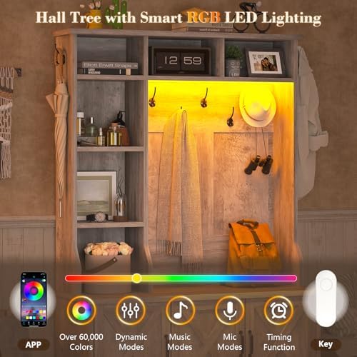 Hall Tree with Bench and Shoe Storage, LED Entryway Bench with Coat Rack