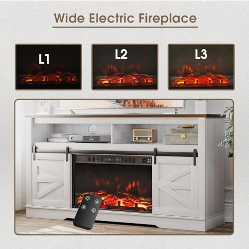 JUMMICO Fireplace TV Stand for 65 Inch TV with 26'' Fireplace(Milk White)