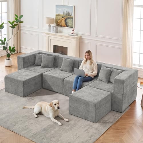 MONVANE Modular Sectional Cloud Couch for Living Room - 130'' 6 Seater Convertible Chenille Couches Set with Ottoman, No Assembly Compression Sofas, Comfy Floor Sofa with Memory Foam, Light Grey
