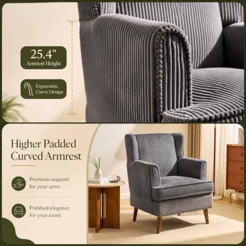 VINGLI 26" Wingback Accent Chair, Corduroy Armchair for Bedroom Living Room
