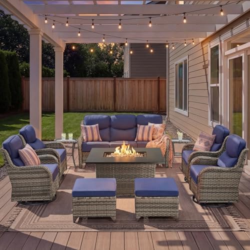 Luxury Patio Furniture Set with Fire Pit Table-10 Pieces All Weather Outdoor Swivel Rocker Chairs with Sofa and Ottomans. Outdoors Patio Conversation Sets for Porch Deck Garden Backyard(Grey/Blue)