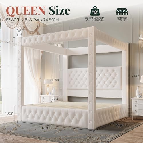 Jocisland Queen Canopy Bed Frame Velvet Upholstered Headboard, Cream