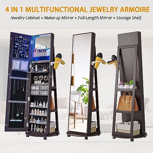 360 Rotating Jewelry Armoire Organizer with Lights, Lockable Cabinet Standing, Perfect for Christmas Gifts (Brown)