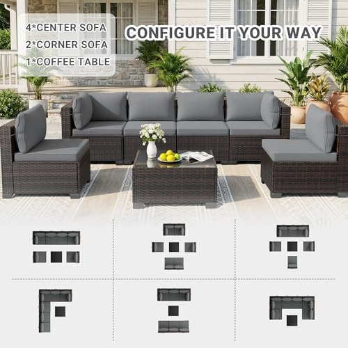 LAFWLL 7 Pieces Outdoor Patio Furniture Sets,Rattan Conversation Sectional Set,Manual Weaving Wicker Patio Sofa with Tea Table