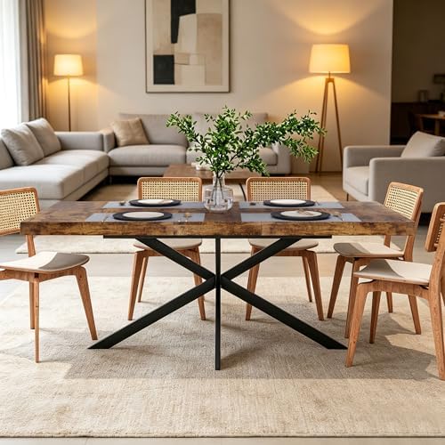 Extendable Dining Table for 4-6 People, 55" to 71" Expandable Table with Hidden Storage Drawer and Black Metal Base, Modern Rectangular Kitchen Dining Table, Brown
