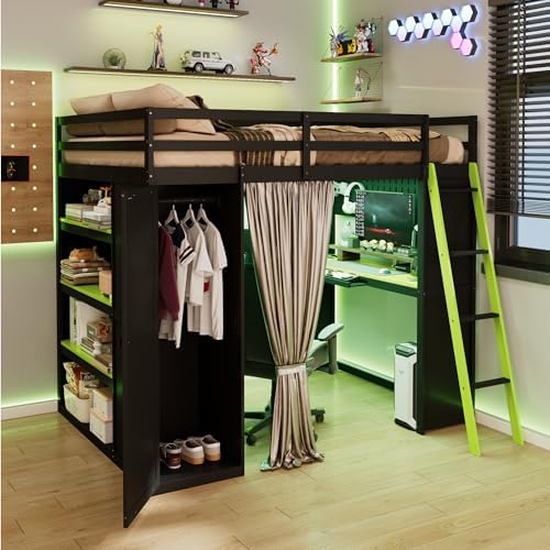 Merax Full Size Loft Bed with Desk and 6 Storage Shelves, Wardrobe, Blackout Curtain, Sturdy Wood Gaming Loft Bunk Bed Frame with USB Port & RGB Lights, No Box Spring Need, Space-Saving, Black+Green