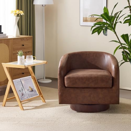 VINGLI 360°Swivel Accent Chair with Engineered Wood Base and Removable Cushion for Living Room, Bedroom, Curved Back Barrel Chair for Small Space, Upholstered Bucket Armchair, Pu-Brown