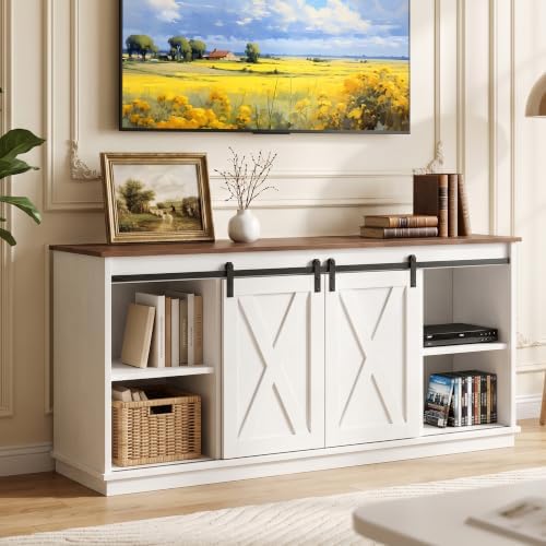 Farmhouse TV Stand for 65 Inch TV, Entertainment Center with Storage, White