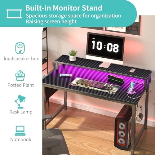 Lufeiya Gaming Desk with Power Outlets and LED Lights, 40 Inch Gamer Desk Table with Charging Station, Home Office Computer Desks with Monitor, Black