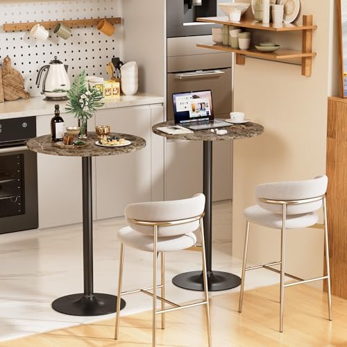 Shahoo Round Bar Table, Cocktail Table with Metal Base & MDF Top, Counter Height Pub Table for Dining Room, Living Room, Kitchen, Bar, Pub, Cafe, Faux Marble