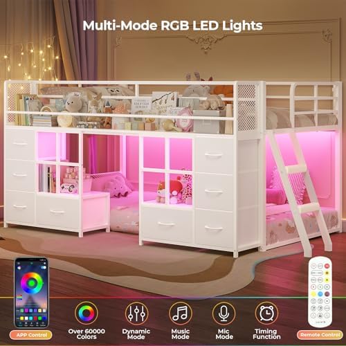 BTHFST Low Bunk Bed Twin Over Twin with 8 Fabric Drawers & Bookshelf, White