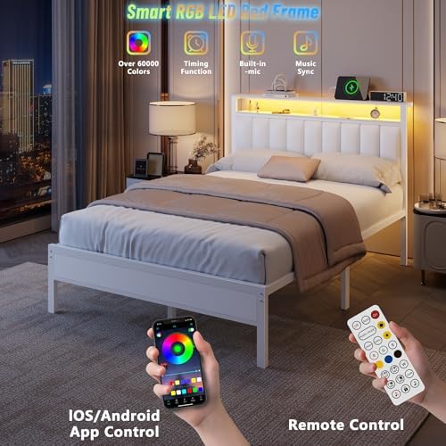 Furnulem White Full Size Bed Frame with Charging Station & LED Lights