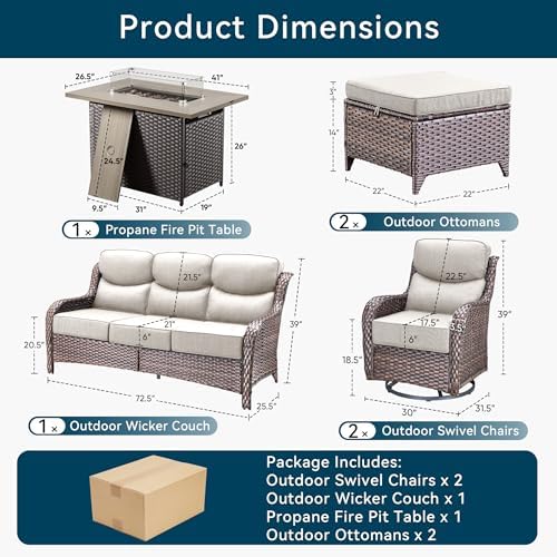 Luxury Patio Furniture Set with Fire Pit Table-6 Pieces All Weather Outdoor Swivel Rocker Chairs with Sofa and Ottomans. Outdoors Patio Conversation Sets for Porch Deck Garden Backyard(Brown/Beige)