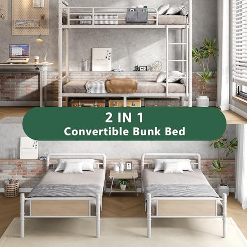 Jocoevol Metal Bunk Bed Twin Over Twin, Industrial Bunkbeds Heavy Duty Bed with Safety Guard Rails and Space-Saving Design, Steel Bed for School, Bedroom (White)