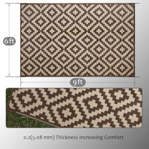 SAND MINE Reversible Mats, Plastic Straw Rug, Modern Area Rug, Large Floor Mat and Rug for Outdoors, RV, Patio, Backyard, Deck, Picnic, Beach, Trailer, Camping (6' x 9', Brown & Beige)