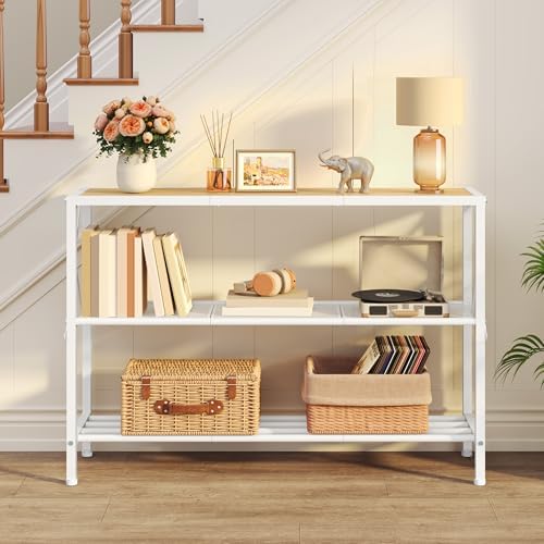 Hoctieon Industrial Console Table, 3 Tier Entryway Tables, Hallway Desk, Narrow Sofa Tables with Shelves, Entrance Table for Entryway, Living Room, Foyer, Hallway, Office, Oak Beige