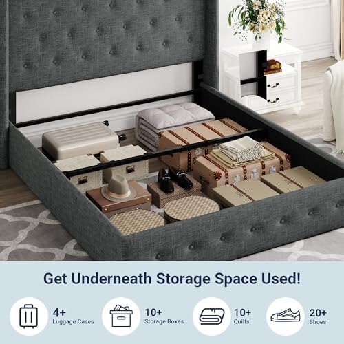 Allewie Queen Size Lift Up Storage Button-Tufted Bed Frame Dark Grey