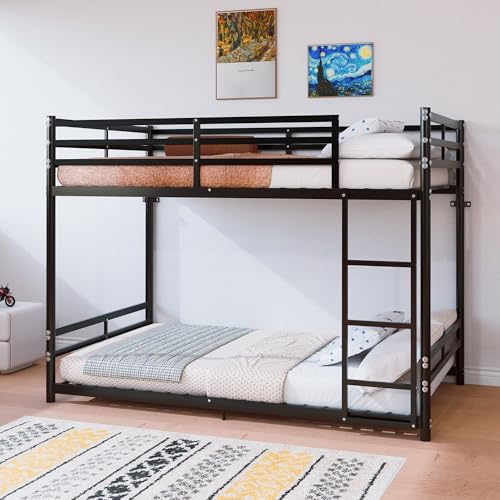 Bellemave Twin Over Twin Bunk Beds, Metal Floor Bunk Bed Frame with Ladder and Full-Length Guardrail for Kids, Adults, Black