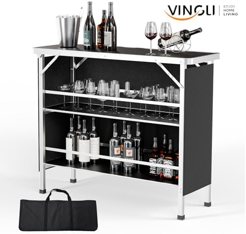 VINGLI 43" Portable Bar Table, 3-Tier Shelves, Mobile Bar Table for Events, Party, Camping, Picnic, Tradeshow, Indoor with Black Skirt (2, 43")