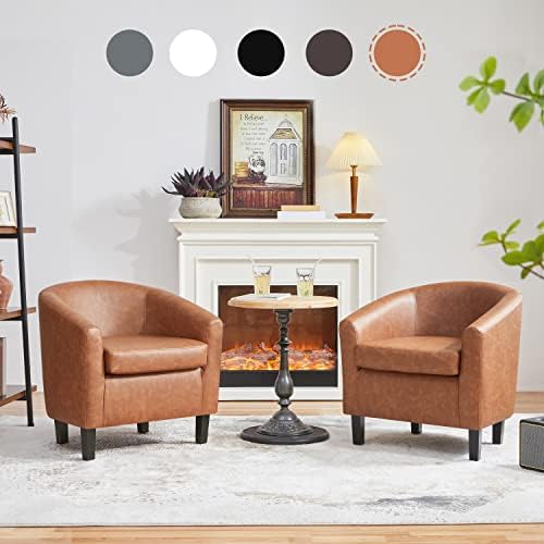 Yaheetech Accent Chairs Set of 2, Faux Leather Barrel Armchairs Brown
