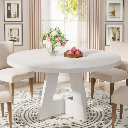 Tribesigns 47 inch Round Dining Table Wood Kitchen Table for Dining Room, 47" Dinner Room Tables for 4-6, Farmhouse Accent Furniture with Wooden Tabletop and Cross Base, White