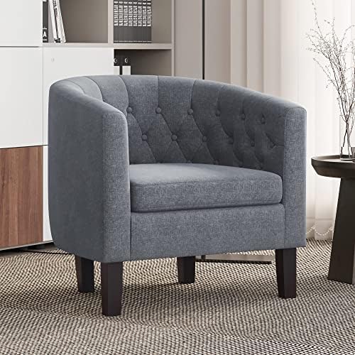 BELLEZE Accent Barrel Arm Chair, Set of 2 Modern Comfy Upholstered Tufted Club Chair with Sturdy Legs and Linen Fabric for Bedroom Living Room - Gray