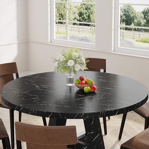Tribesigns 47 inch Round Dining Table Wood Kitchen Table for Dining Room, 47" Dinner Room Tables for 4-6, Farmhouse Accent Furniture with Wooden Tabletop and Cross Base, Marbled Wood