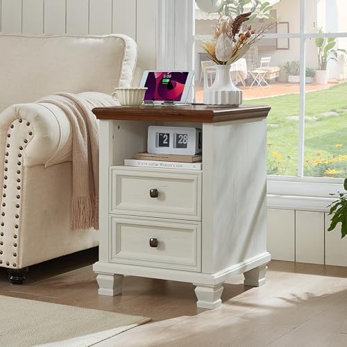 SAVOR LIFE Farmhouse Side Table with Charging Station, White