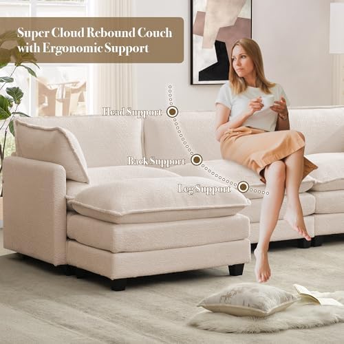 ROWHY 112'' Modular Sectional Cloud Couch with Movable Ottoman, 4 Seat Modern Chenille Sofa, Deep Seat L Shaped Couch for Living Room Bedroom Apartment,Cream White