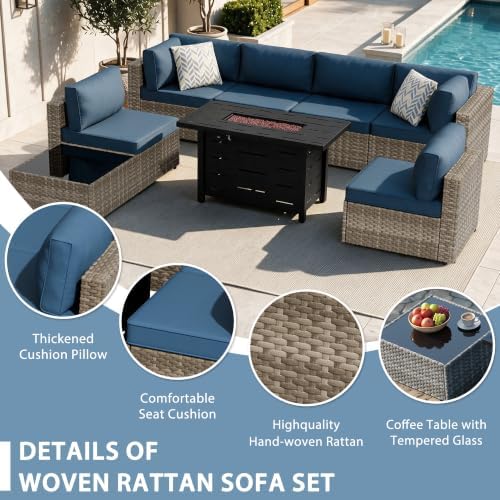 Shintenchi 8 Piece Outdoor Patio Furniture Set with 43 Inch Propane Fire Pit, Washable Cushions, Glass Coffee Table, Waterproof Cover & CSA Certified for Backyard Poolside, Natural PE Rattan/Navy Blue