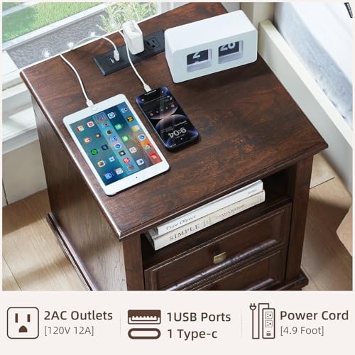 SAVOR LIFE Farmhouse Nightstand Set of 2 with Charging Station, Walnut
