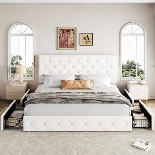 Allewie King Size Storage Bed Frame with 4 Underbed Drawers, Upholstered Platform Bed with Adjustable Headboard, Diamond Button Tufted, Easy Assembly, Noise-Free, No Box Spring Needed, Soft White