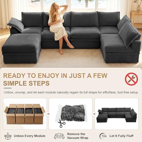 142" Oversized Modular Sectional Cloud Couches for Living Room, Corduroy 6-Seat Large Upgraded Boneless Couch with Ottoman Chaise, Deep Seat, U Shaped Memory Foam Sofa-in-a-Box, No Assembly,Gray