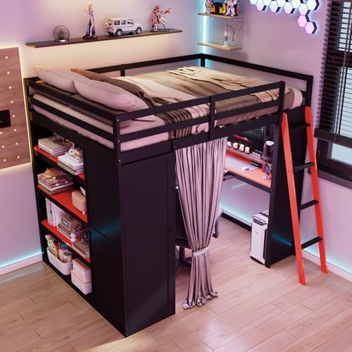 Merax Full Size Loft Bed with Desk and 6 Storage Shelves, Wardrobe, Blackout Curtain, Solid Wood Gaming Loft Bed Frame with USB Port & RGB Lights, No Box Spring Needed, Space-Saving, Black+Red