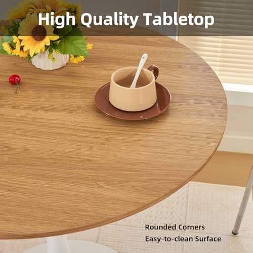 Round Dining Table, 31.5" Circle Tulip Table with Thickened Tabletop & Metal Pedestal, Mid Century Modern Bistro Table for Kitchen, Small Places, Living Room, Cafe (Faux Oak)