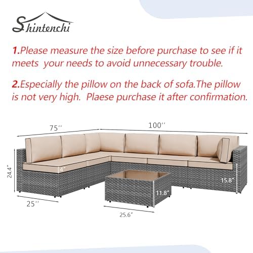 Shintenchi 7 Piece Outdoor Patio Furniture Set with Silver PE Rattan, Khaki