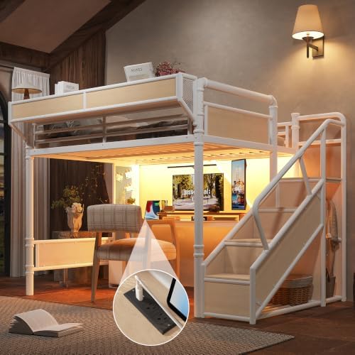 KEIKI Queen Size Metal Loft Bed Frame with Storage Staircase, Desk, White