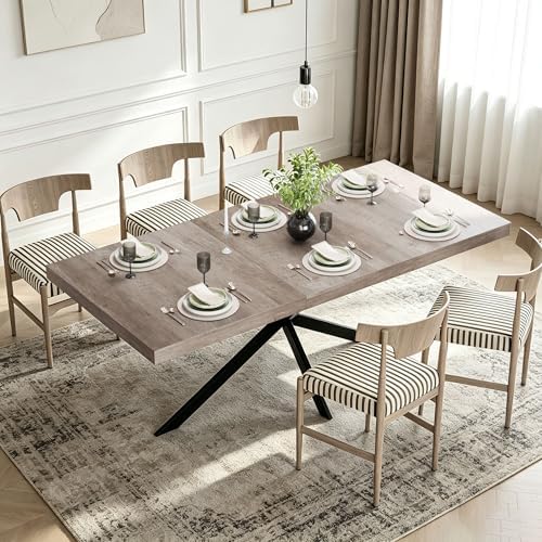 Extendable Dining Table for 4-6 People, 55" to 71" Expandable Table with Hidden Storage Drawer and Black Metal Base, Modern Rectangular Kitchen Dining Table, Grey