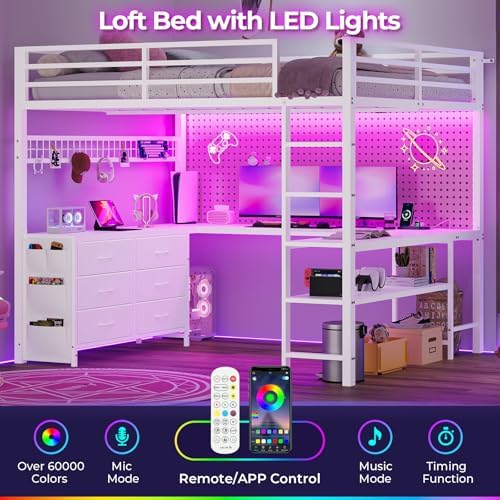 ADORNEVE Loft Bed Full Size with U-Shaped Desk, 6 Storage Drawers,White