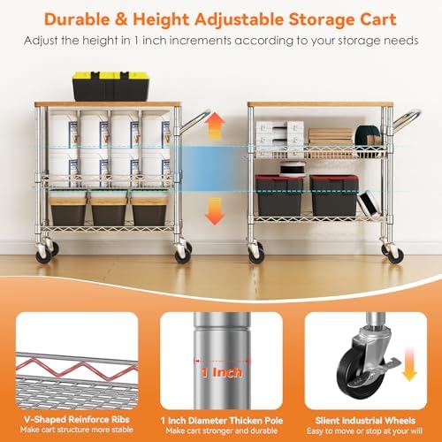 3 Tier Rolling Kitchen Carts on Wheels with Storage,650Lbs Heavy Duty Utility Carts with Wheels,Kitchen Island with Wood Tabletop,Metal Serving Rolling Cart for Small Appliance Food Cart,Wood+Metal