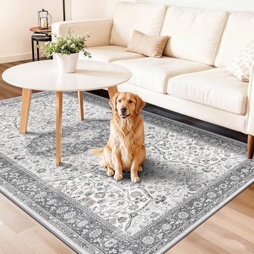 Hallway 4x8 Washable Runner Rug: Oriental Stain Resistant Entryway Kitchen Rug Farmhouse Soft Carpet for Bathroom Bedroom Thin Laundry Room Floor Mat with Non Slip Backing for Pets Family(4x8,Grey)