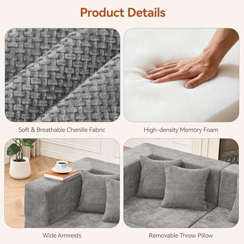 MONVANE 75" Loveseat Sofa, Comfy Chenille Modular Sectional Sofa with 4 Pillows, Modern Deep Seat Boneless Couch, 2 Seater Sofa for Living Room, Bedroom and Apartment, Light Grey