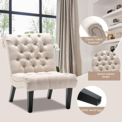 Armless Modern Accent Chair Set of 2 for Bedroom, Cream Fabric