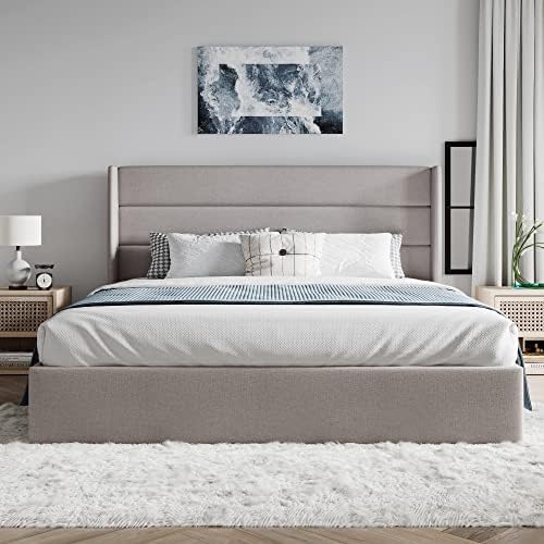 SHA CERLIN Queen Size Lift Up Hydraulic Storage Bed Frame Light Beige